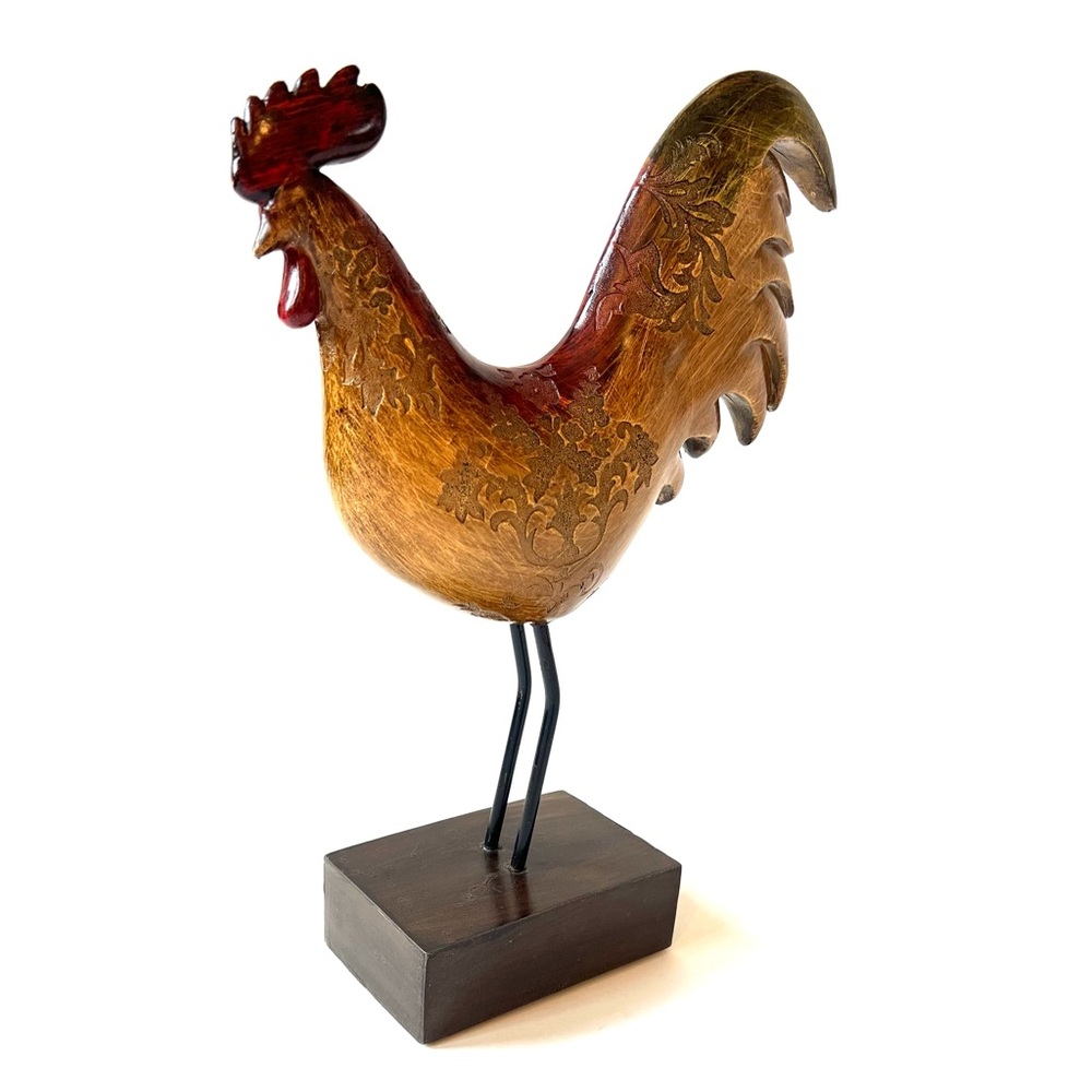 Handcrafted Rooster Sculpture Statue Red and Brown w Metal legs